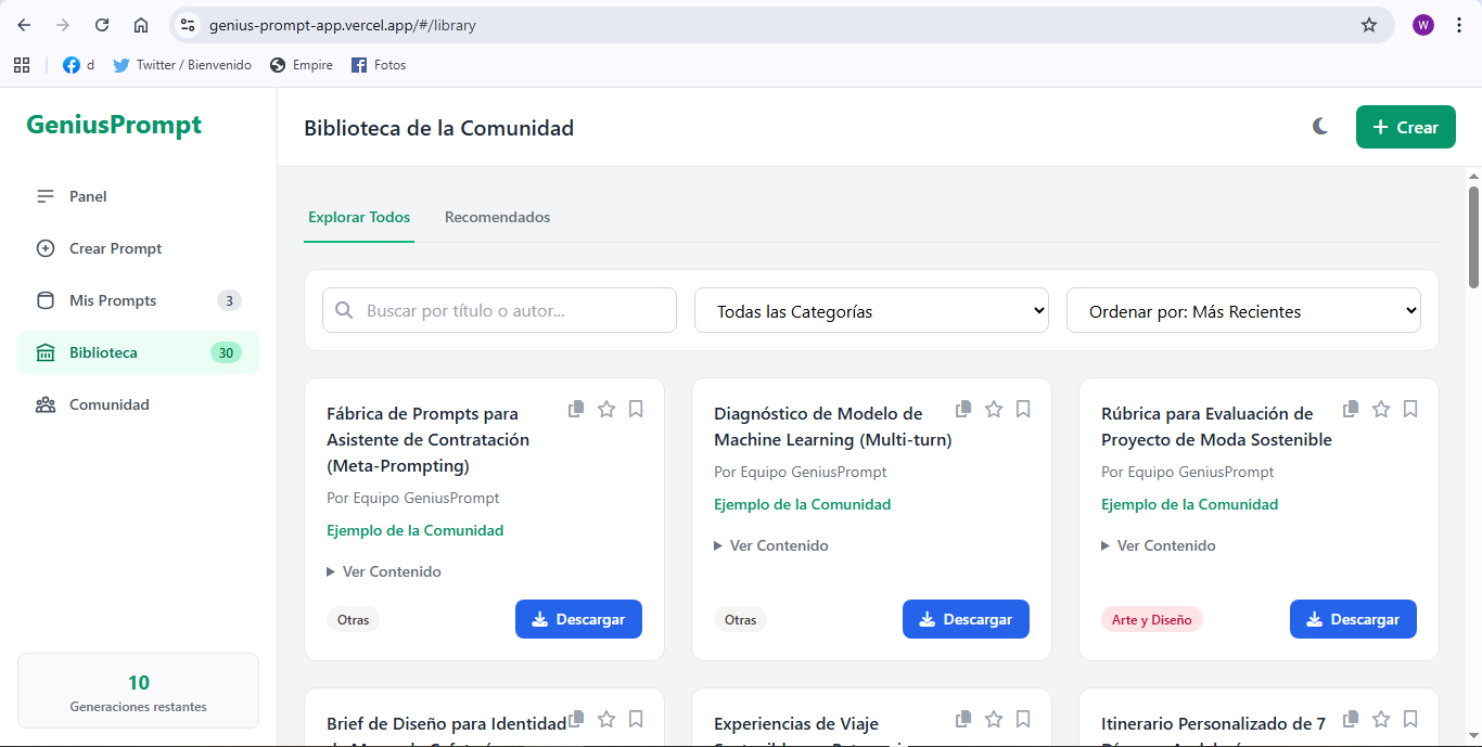 Biblioteca de prompts de Geniusprompt