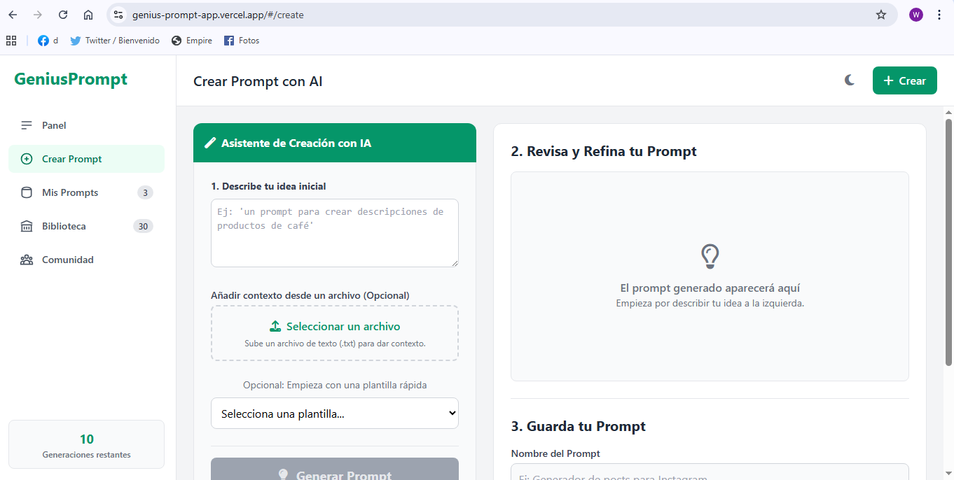 Crear prompt con IA - vista de Geniusprompt